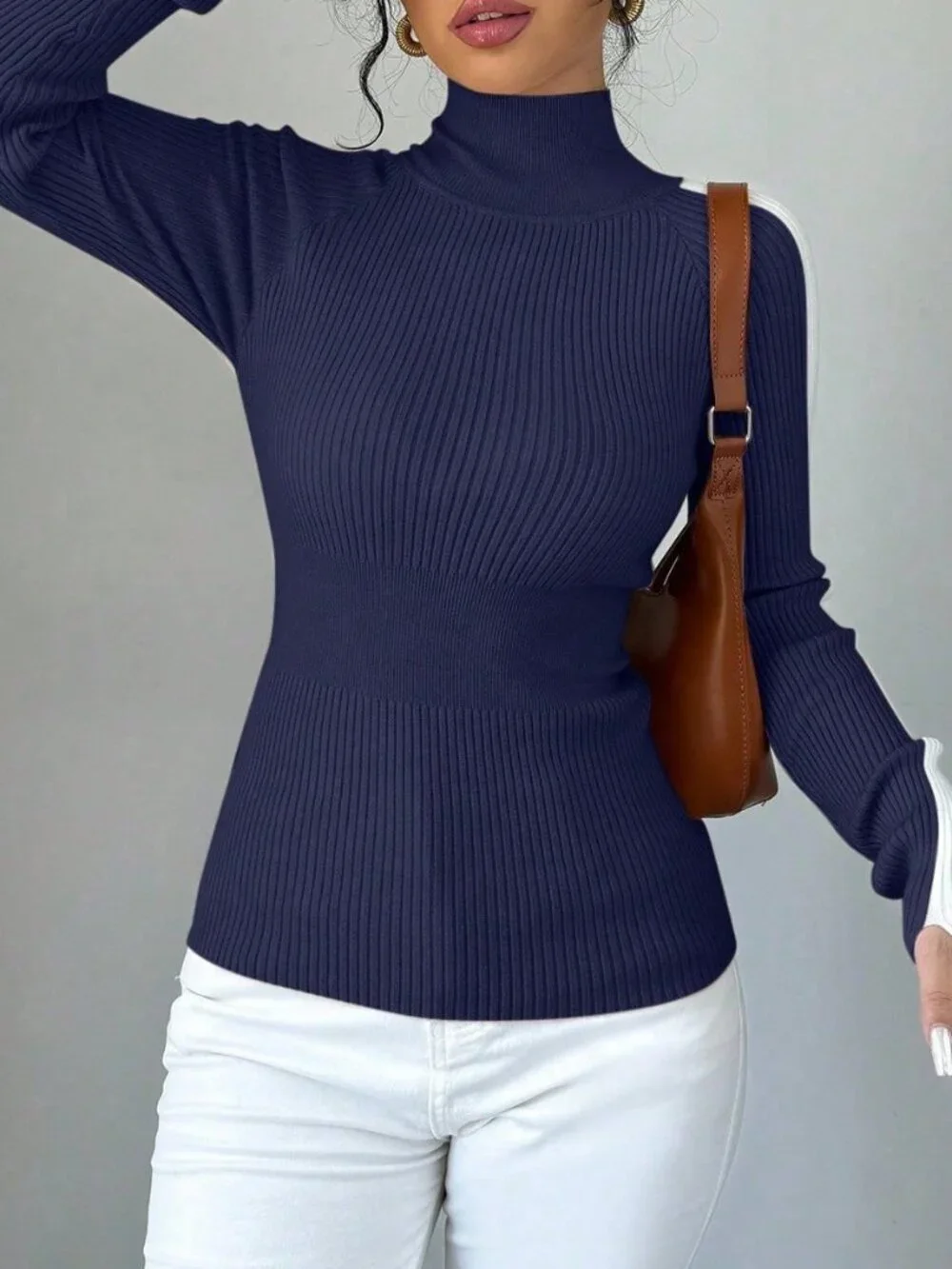 Blue Casual Women's Color Block Stand Collar Knit Sweater